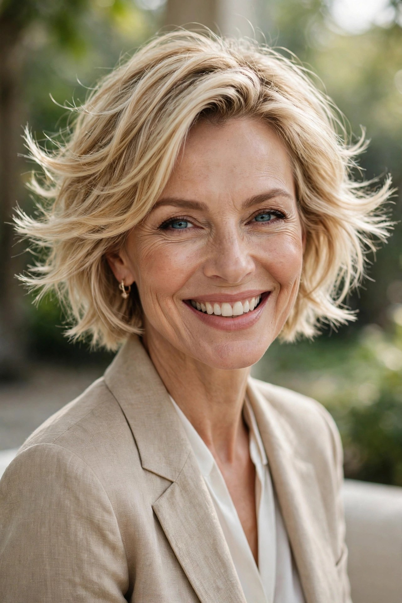 Feathered short crop with flippy flicked-out ends on a woman in her 50s