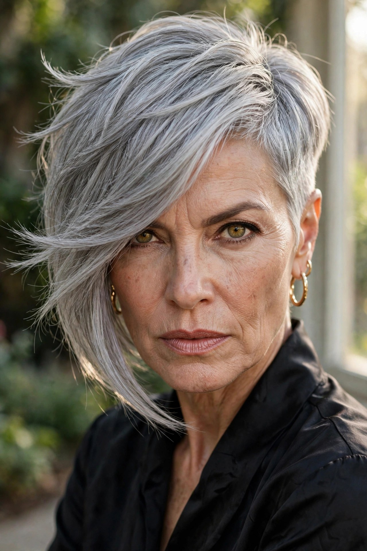 Bold asymmetric pixie, one side longer, on a silver-haired woman in her 50s