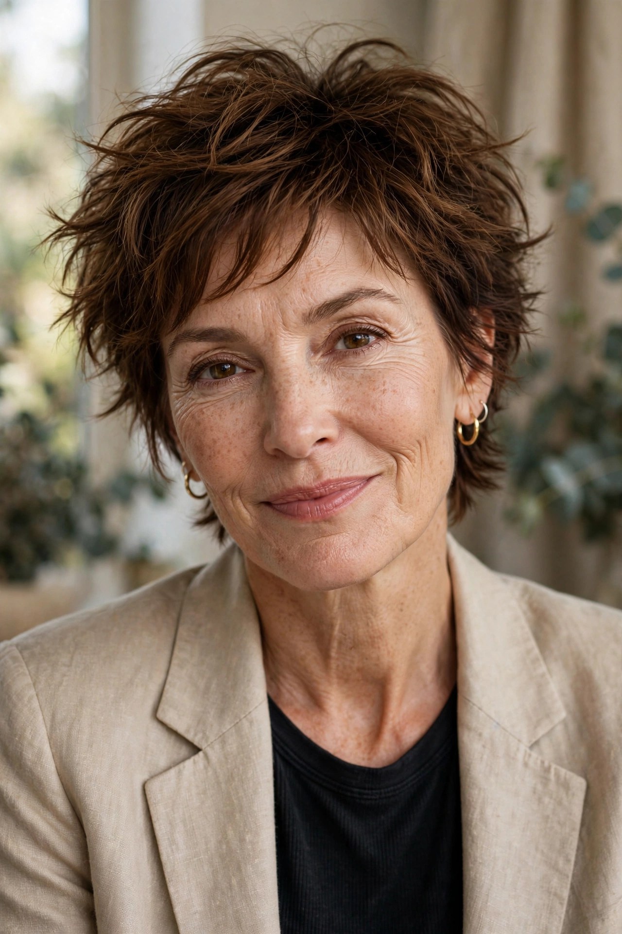 Messy textured bixie haircut with undone layers on a woman in her 50s
