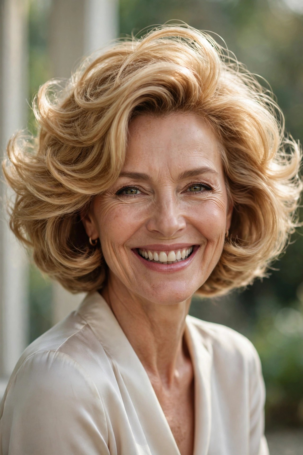 Voluminous bouncy blowout bob on a woman in her 50s