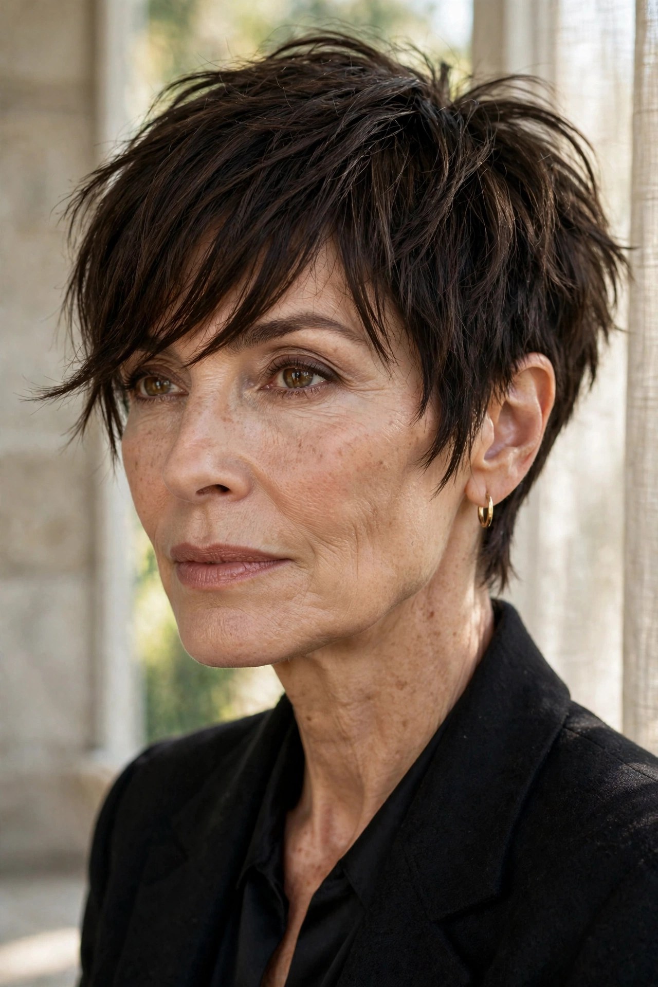 Choppy short crop with long sweeping bangs on a woman in her 50s