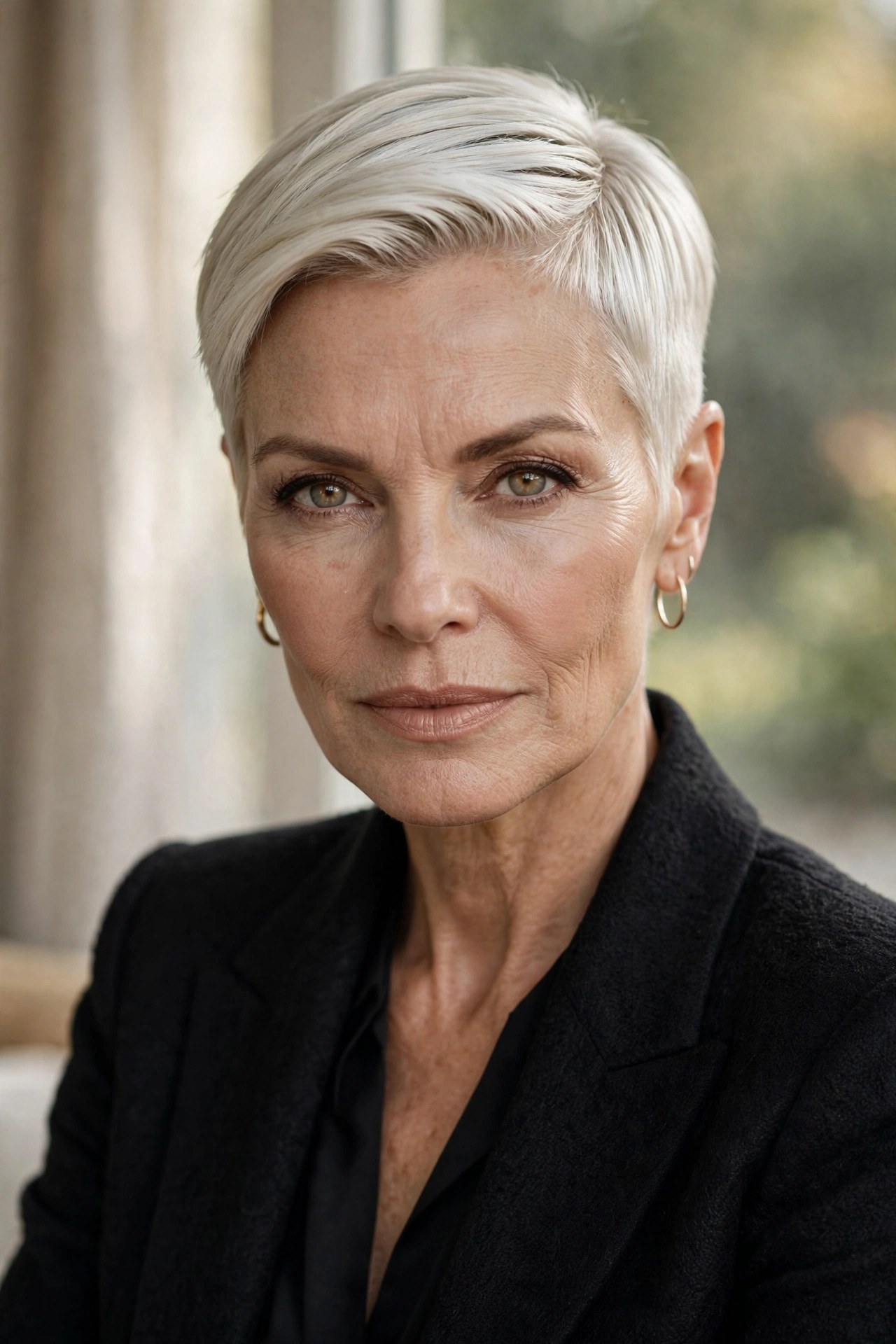 Sleek edgy short crop with sharp modern lines on a woman in her 50s