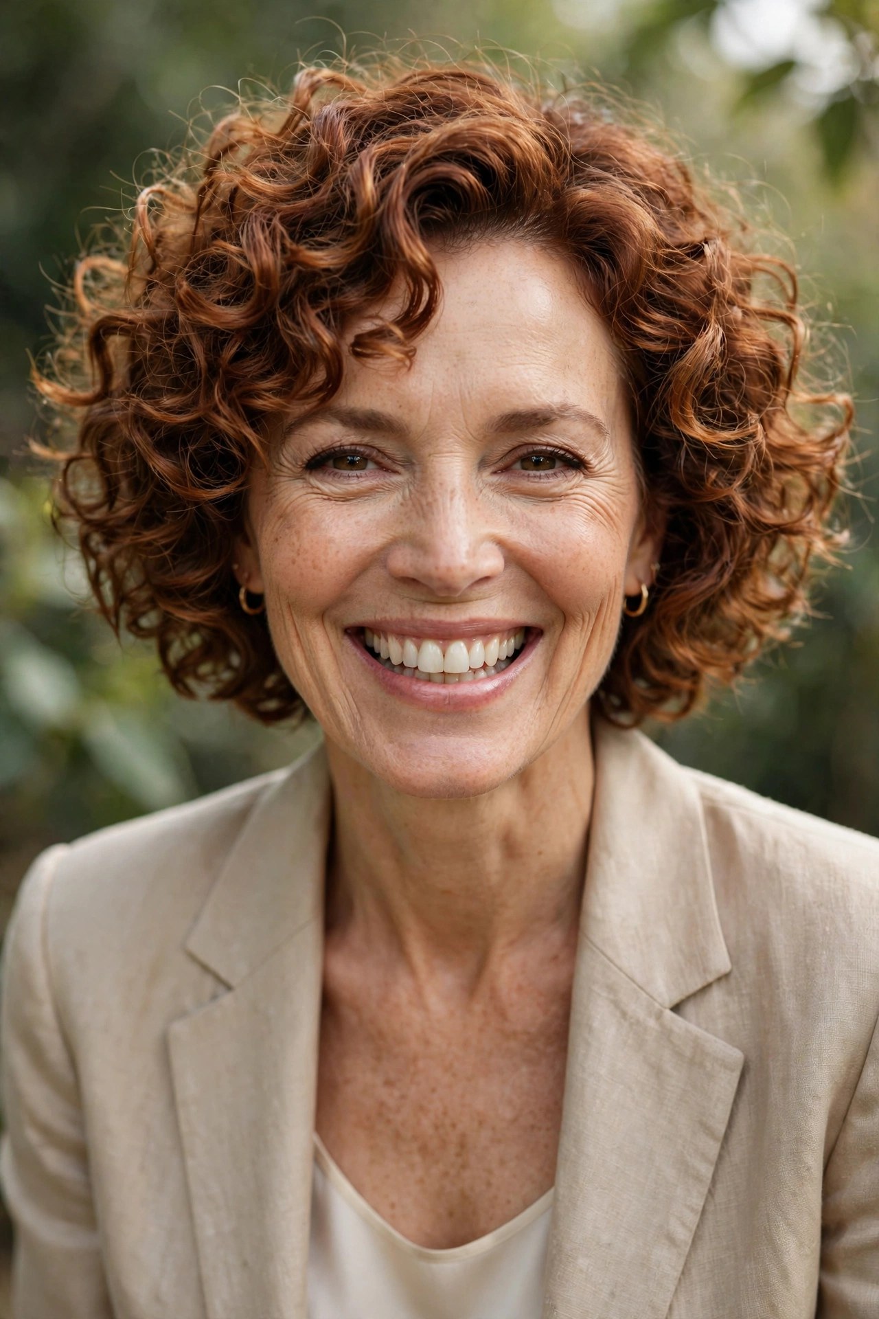 Bouncy curly bob with defined springy curls on a woman in her 50s