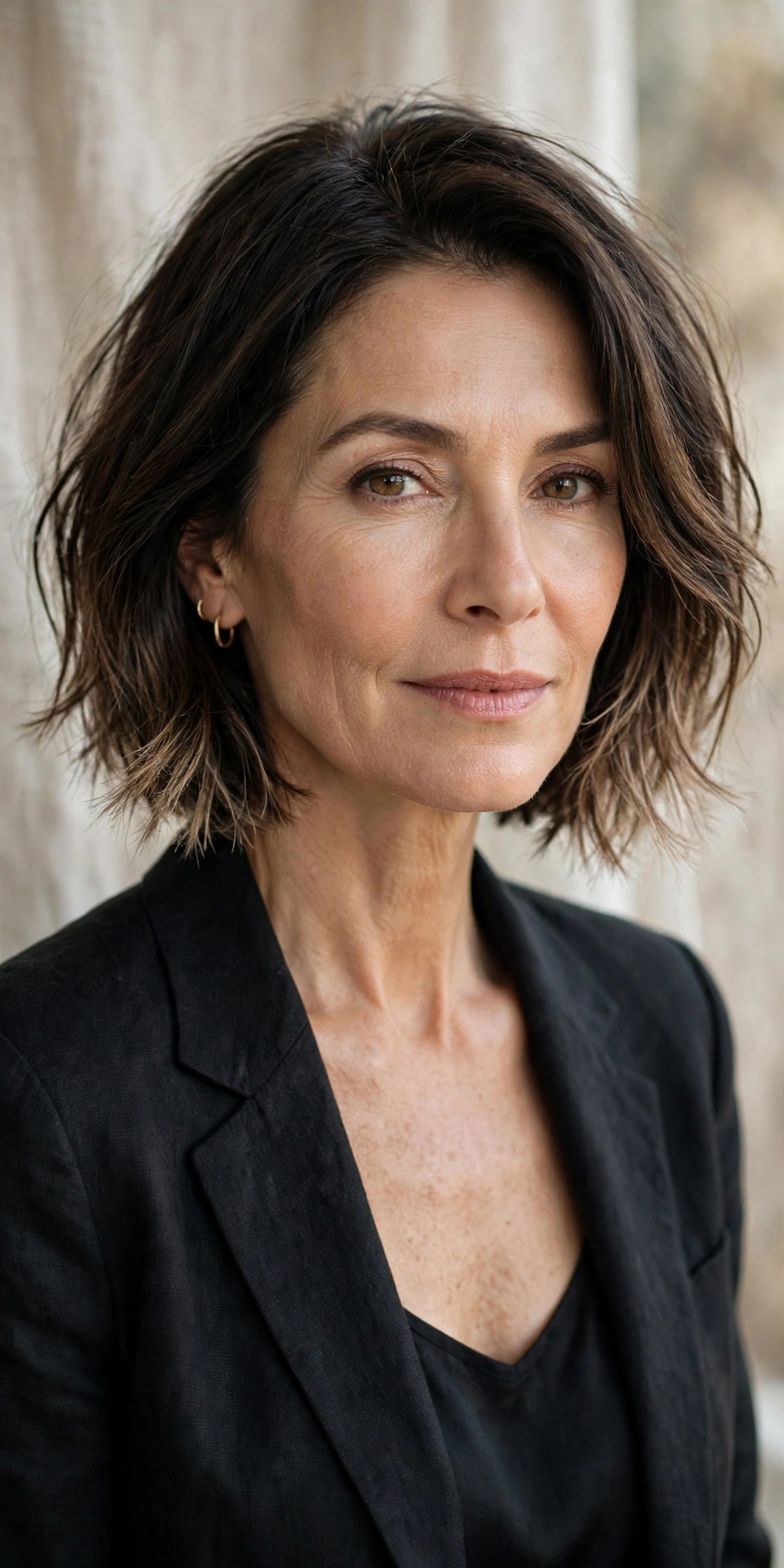 Chin-length bob with razored textured edges on a woman in her 50s