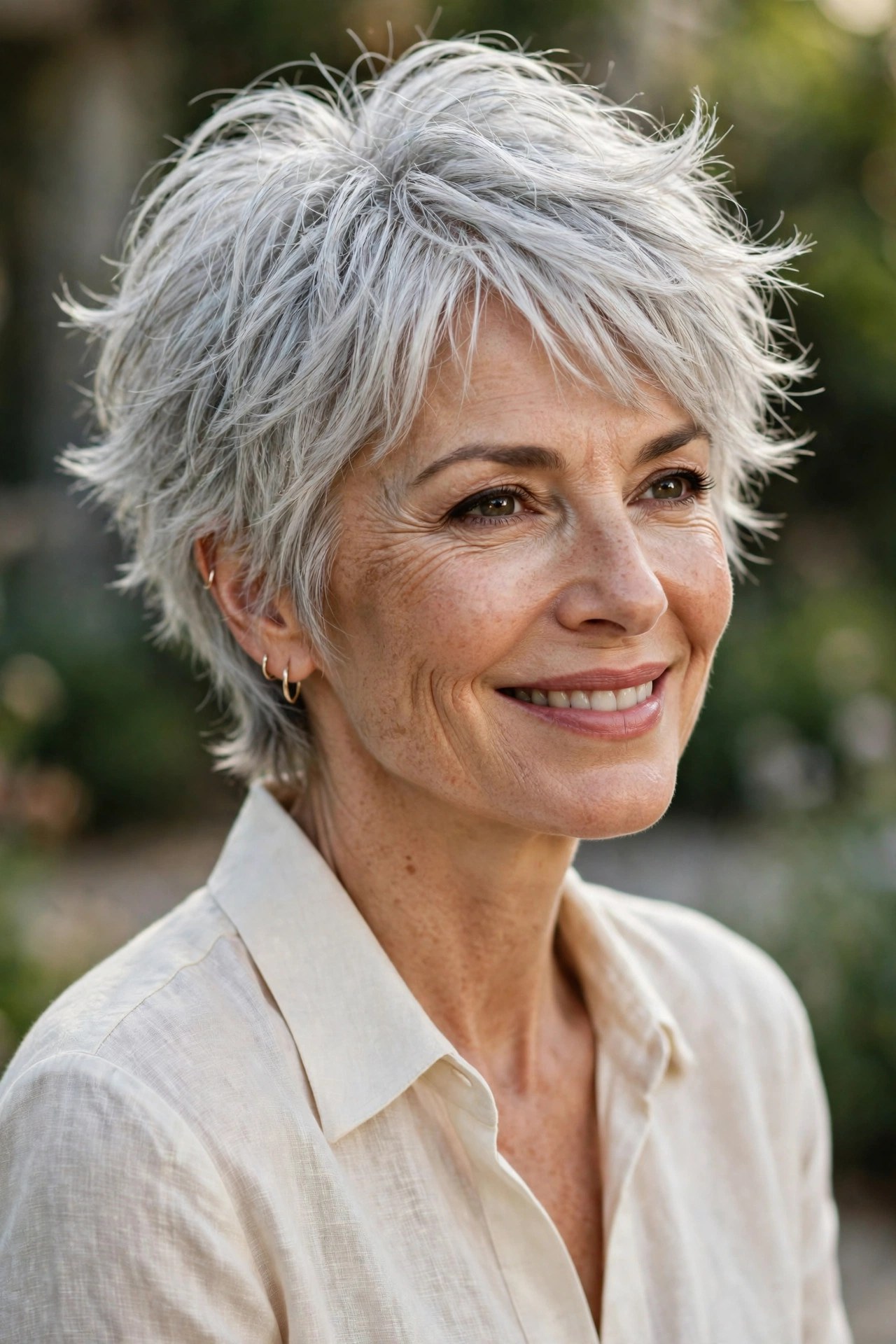 Wispy shaggy pixie with feathered light layers on a woman in her 50s