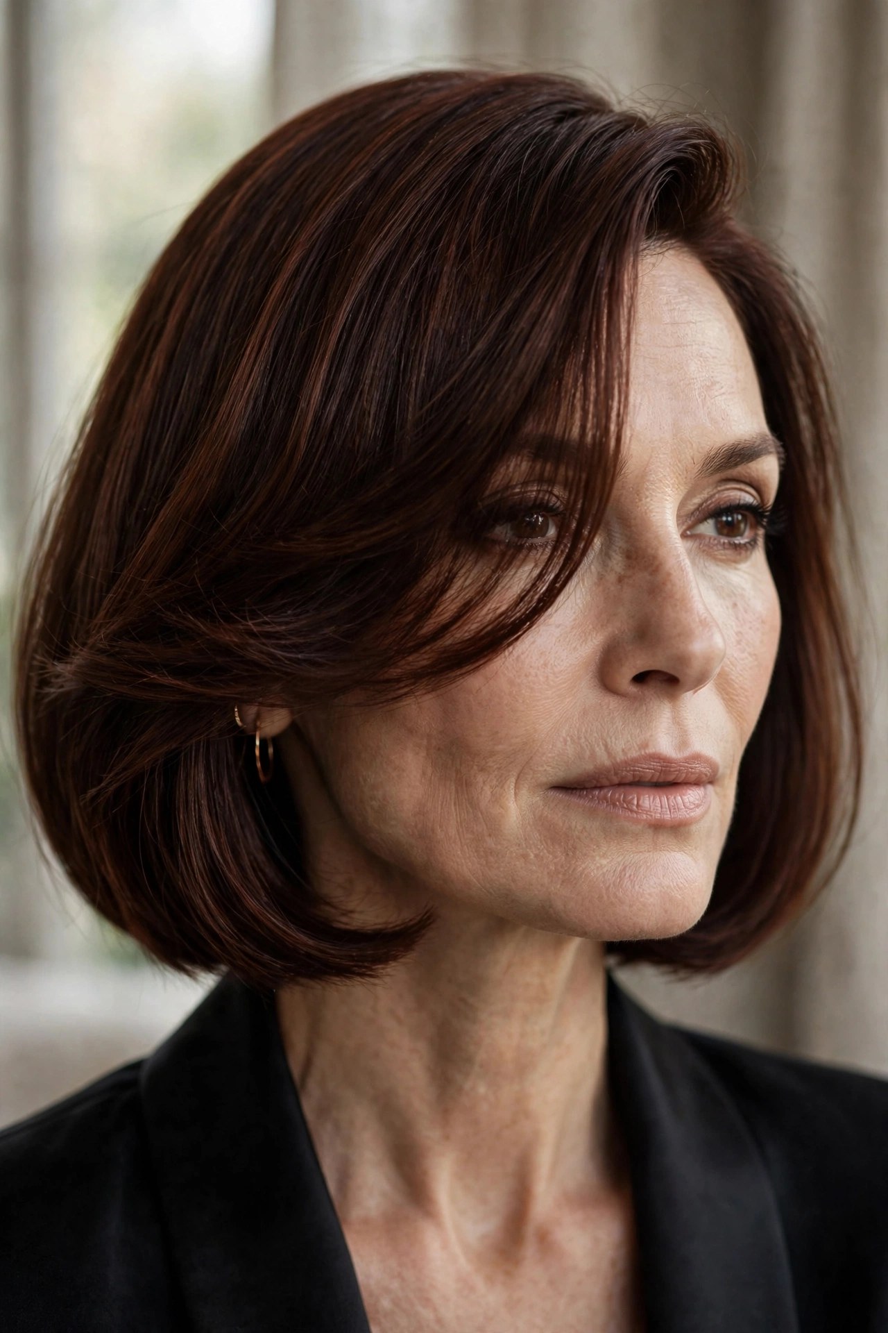 Chin-length bob with dramatic deep side part on a woman in her 50s