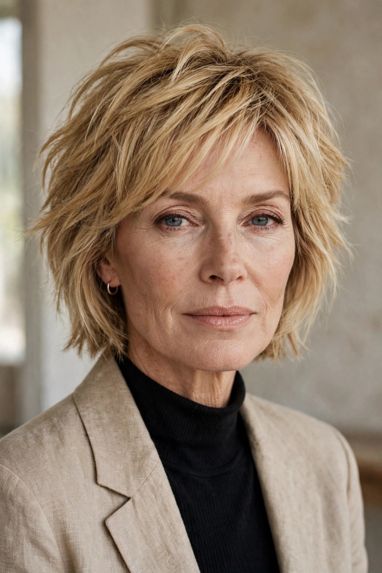 Soft wolf cut bob with choppy crown layers on a woman in her 50s