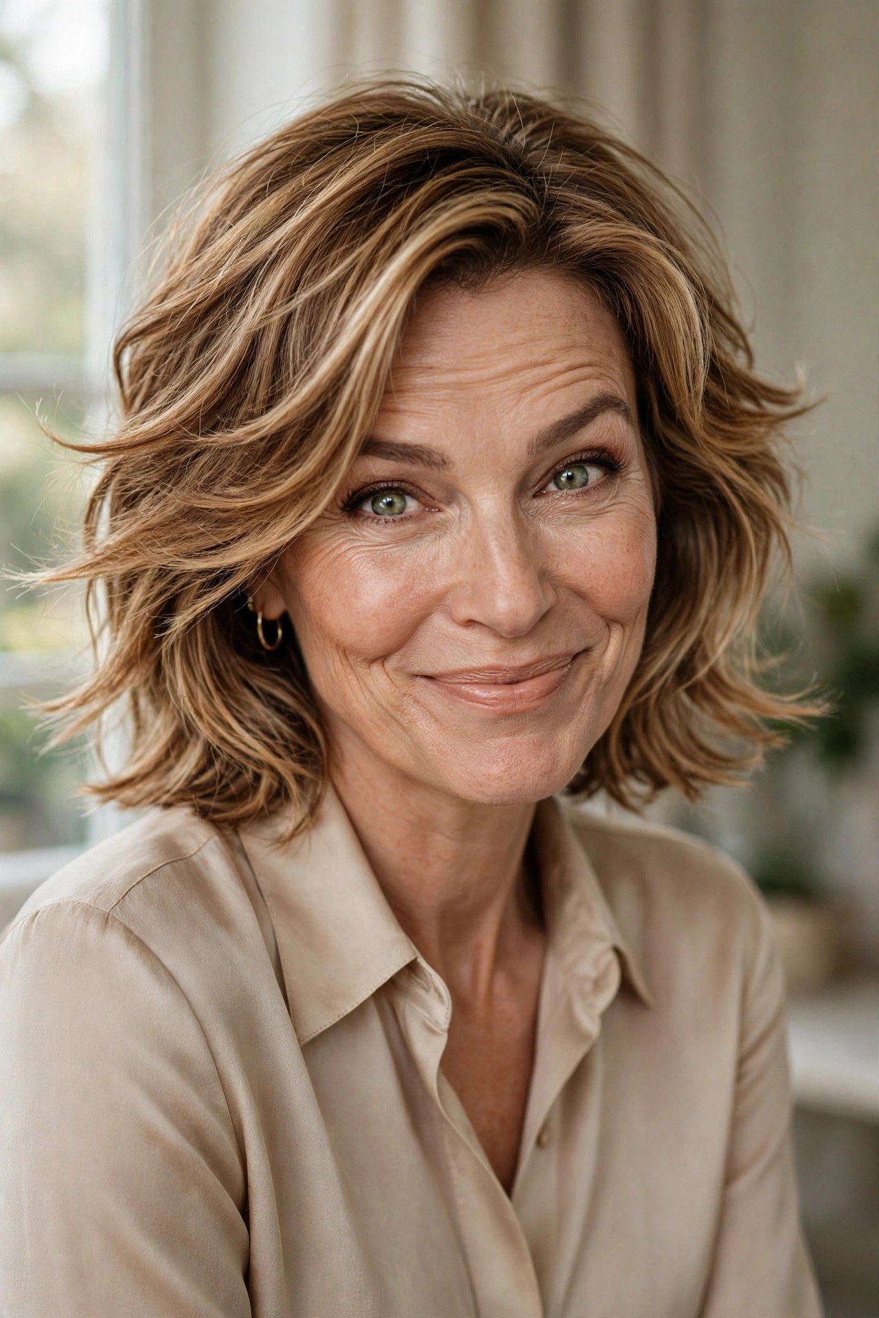 Feathered lob with shoulder-grazing layers on a woman in her 50s