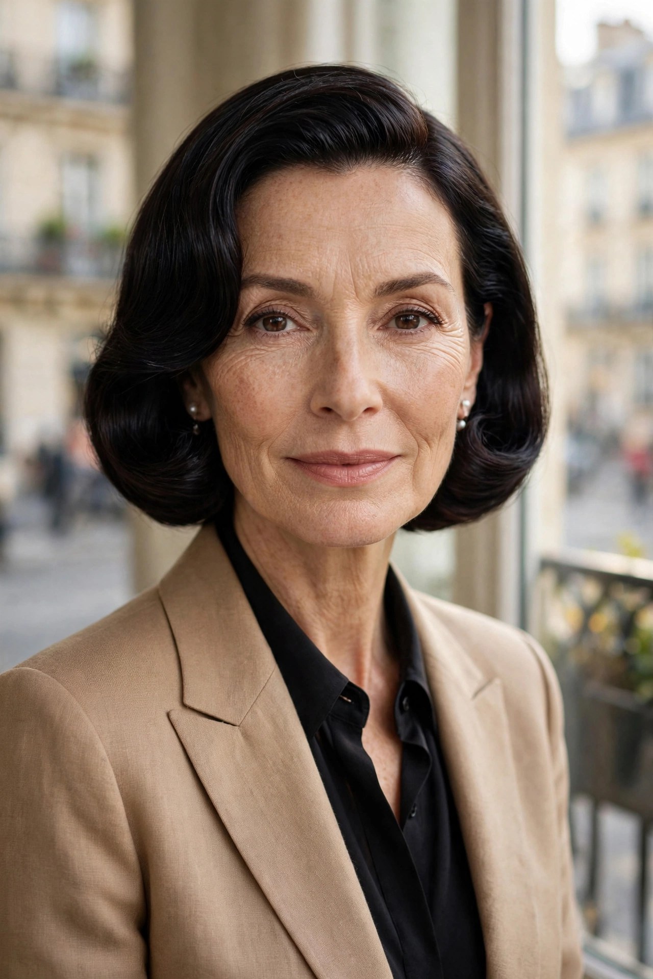 Curved-in French bob, jaw-length, on a woman in her 50s