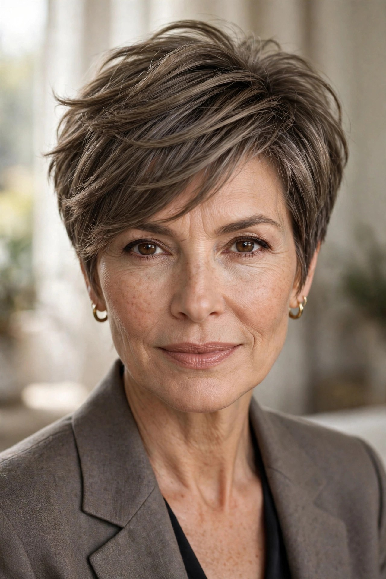 Layered pixie with long textured crown on a woman in her 50s