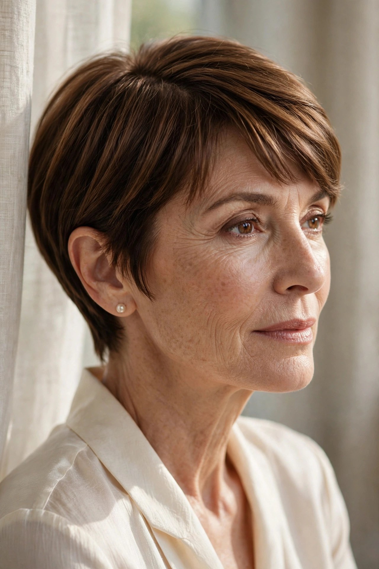 Short pixie bob with neat side part on a woman in her 50s