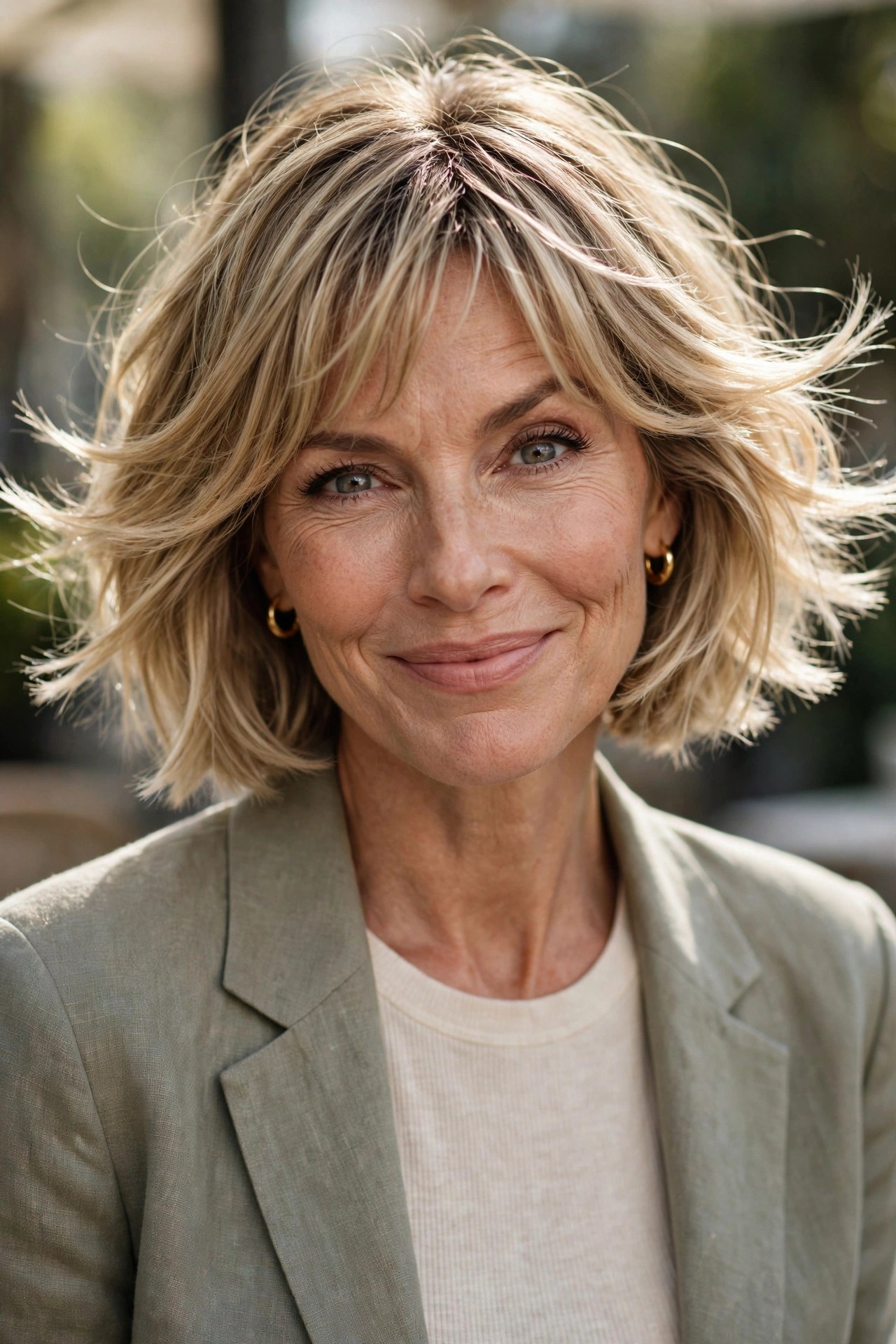 Textured chin-length bob with flipped-out ends on a woman in her 50s