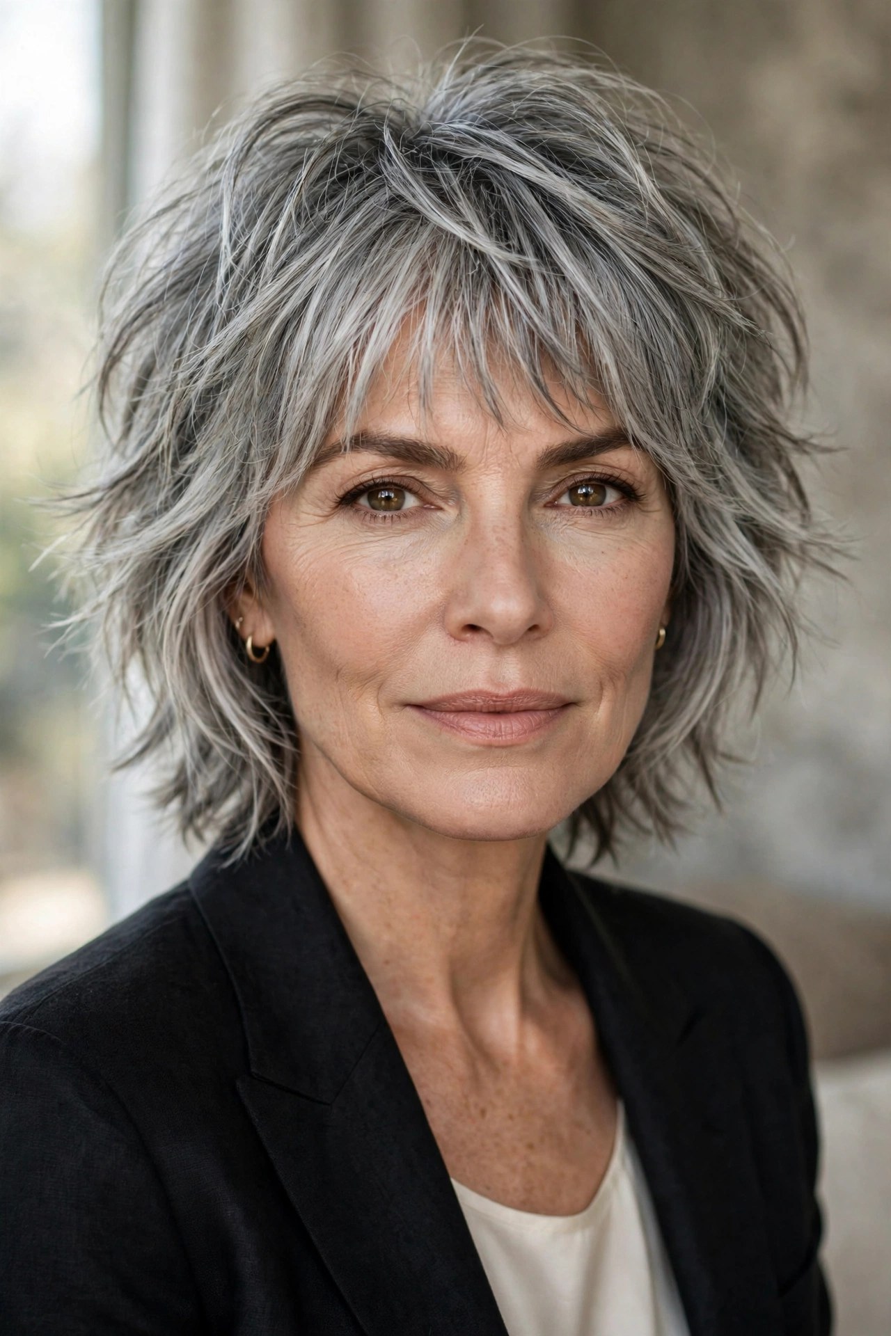 Confident silver shag with choppy layers on a woman in her 50s