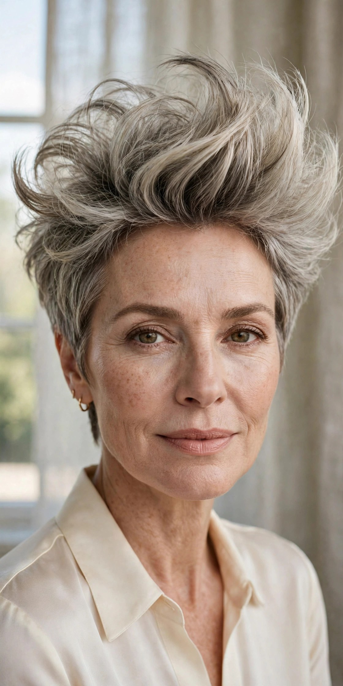 Pixie with upside down blowout volume on a woman in her 50s