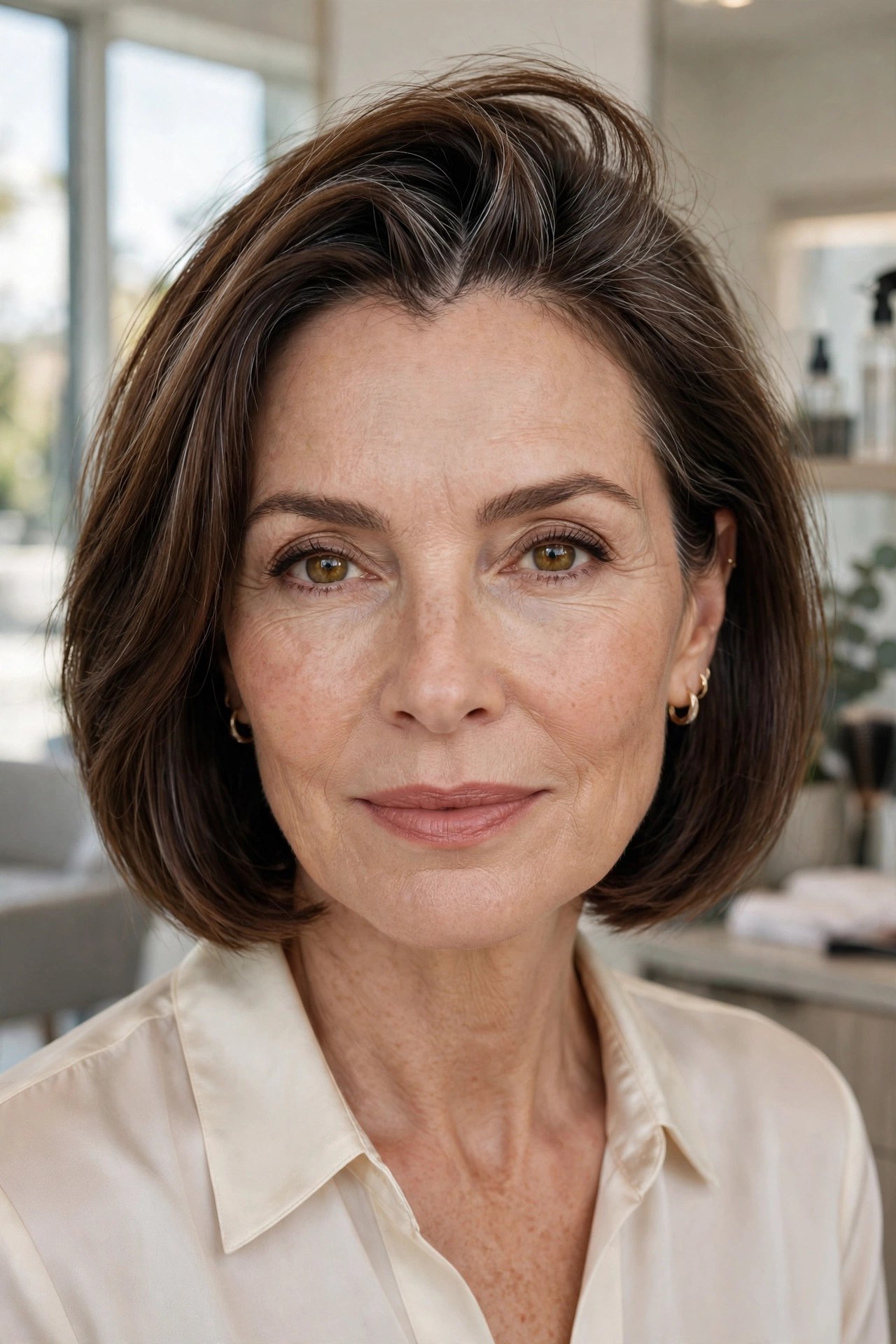 Chin bob with zigzag part and lifted roots on a woman in her 50s