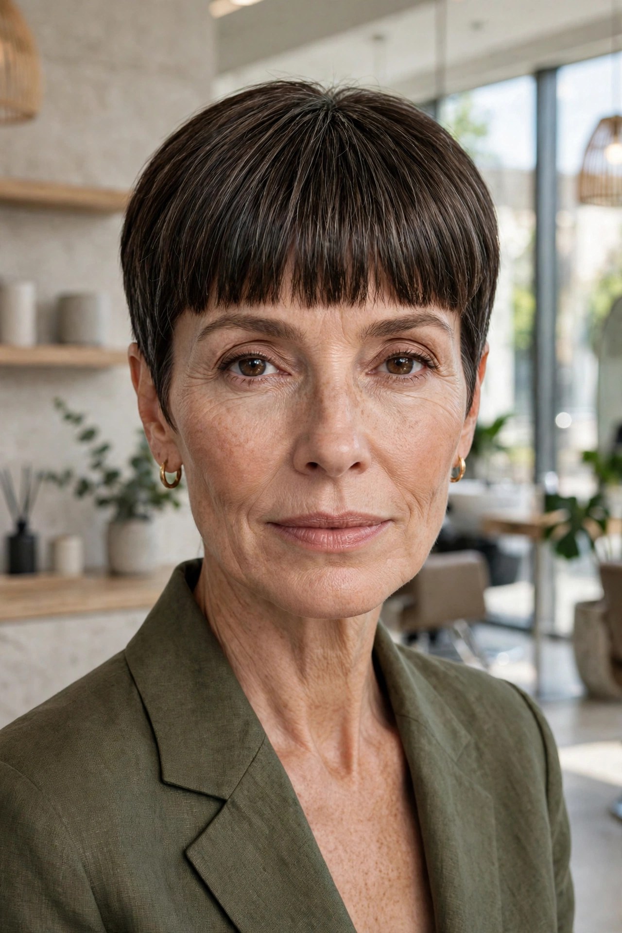 Short crop with crown brushed forward on a woman in her 50s