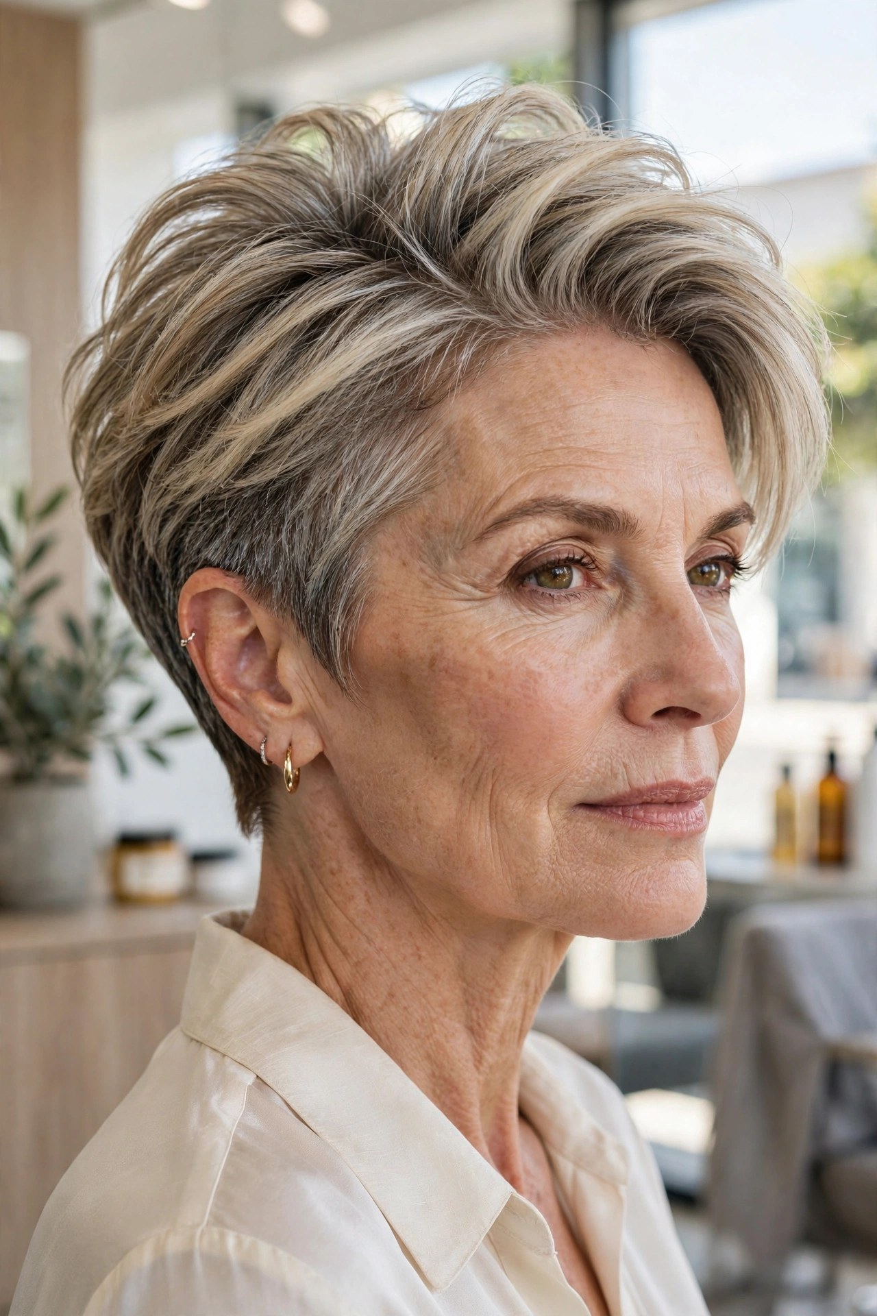 Pixie with full top over a neat undercut nape on a woman in her 50s