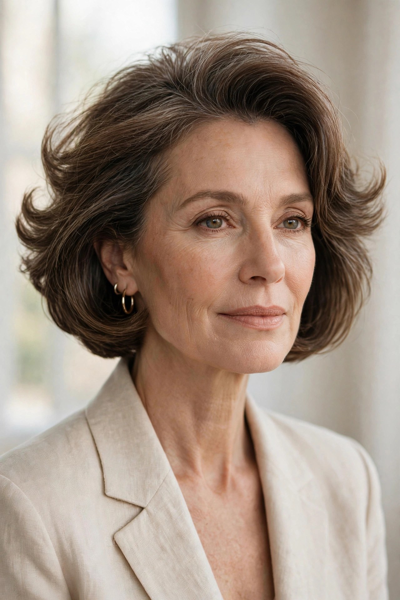 Chin bob flipped up at the nape on a woman in her 50s