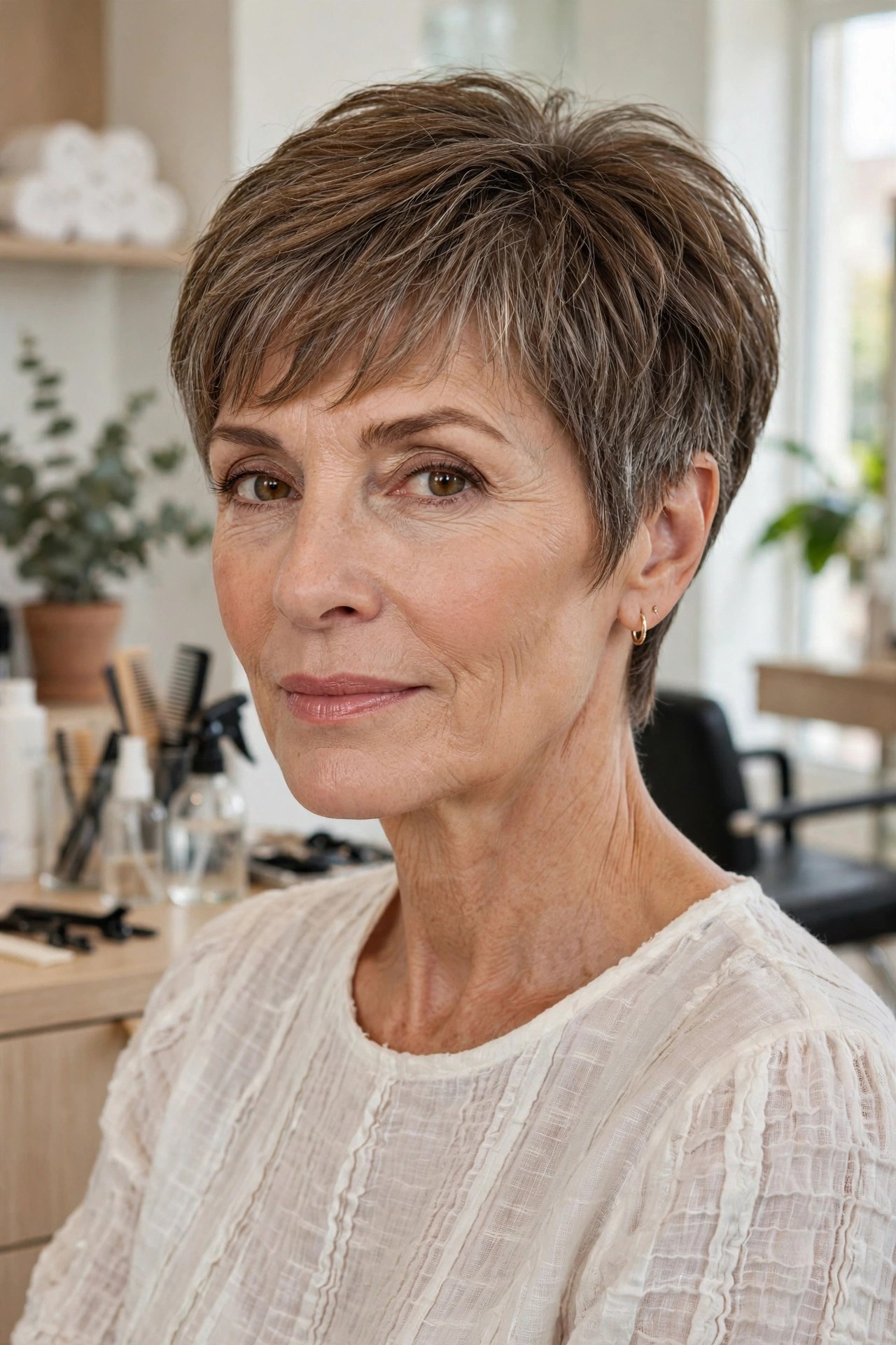 Bixie with fringe brushed forward on a woman in her 50s