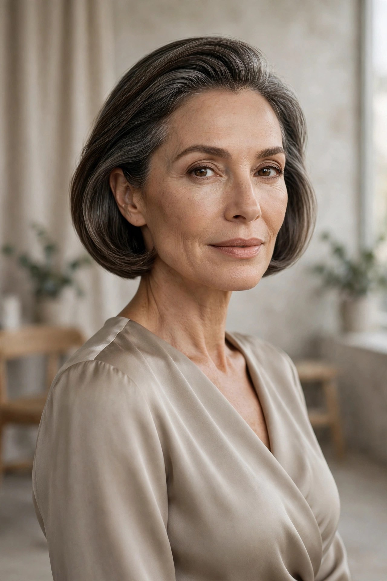 Rounded bob scooped back from the face on a woman in her 50s
