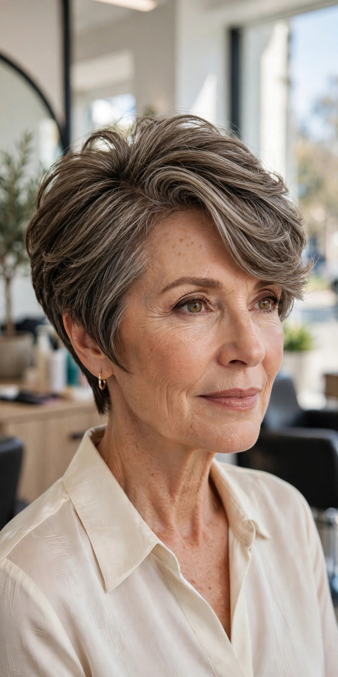 Wedge haircut with deep side sweep on a woman in her 50s