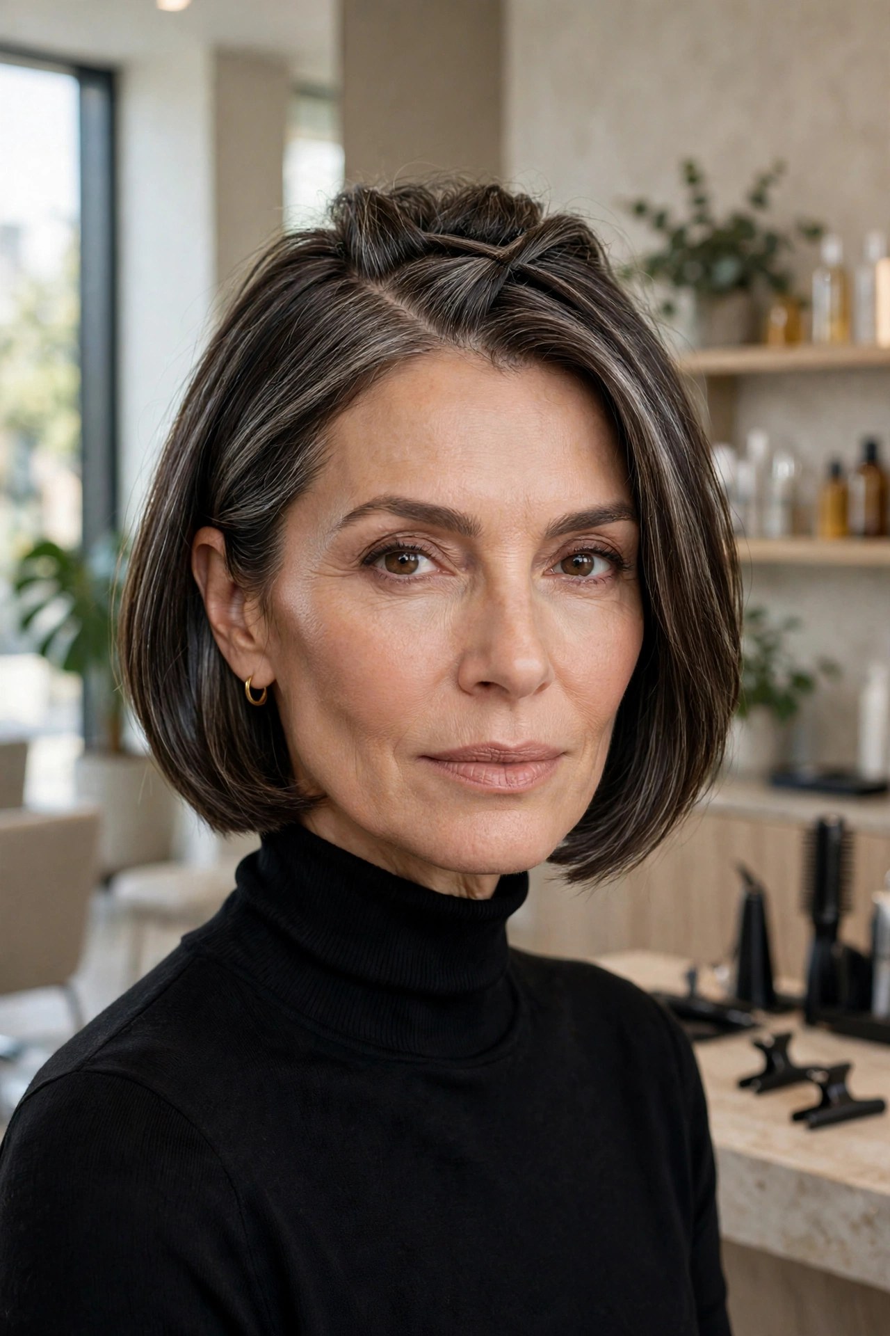 Chin bob with crisscross part on a woman in her 50s