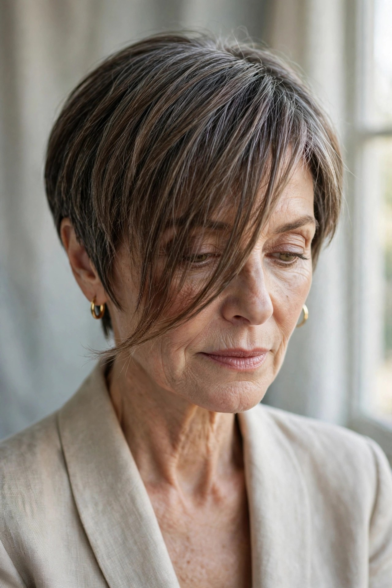 Pixie bob with longer front falling forward on a woman in her 50s