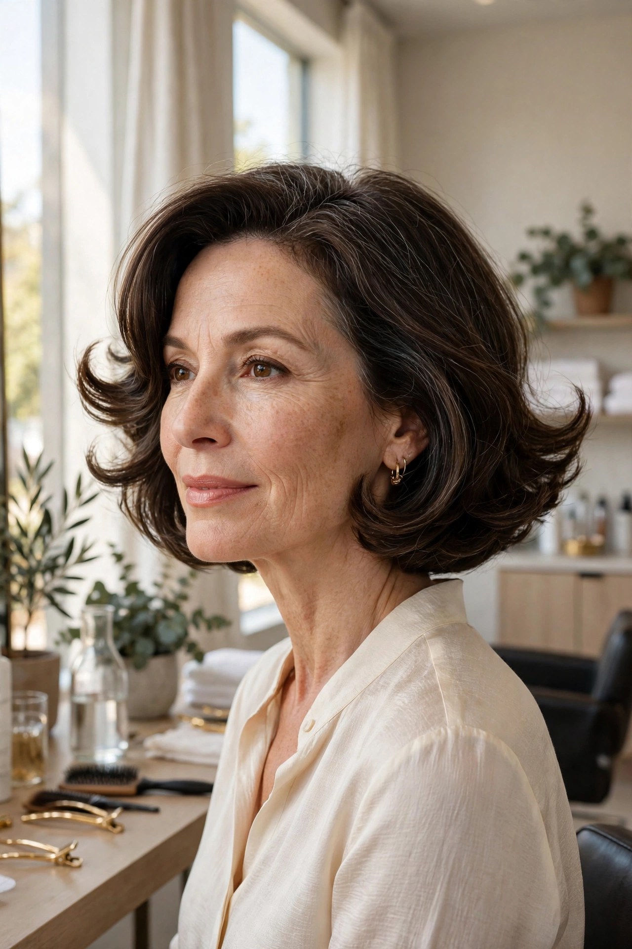 Chin bob with upturned flipped ends on a woman in her 50s