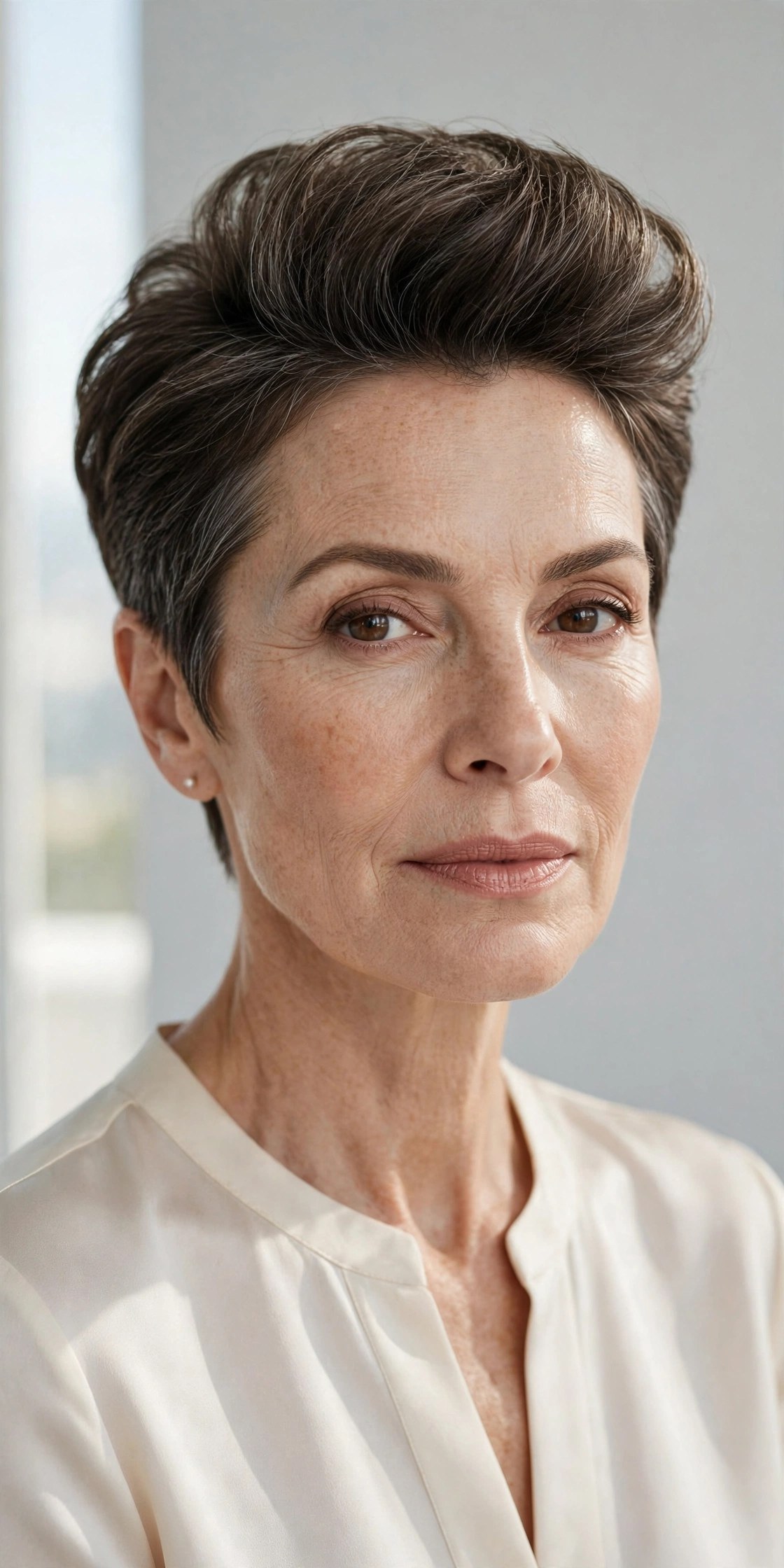 Rounded crop with raised crown height on a woman in her 50s