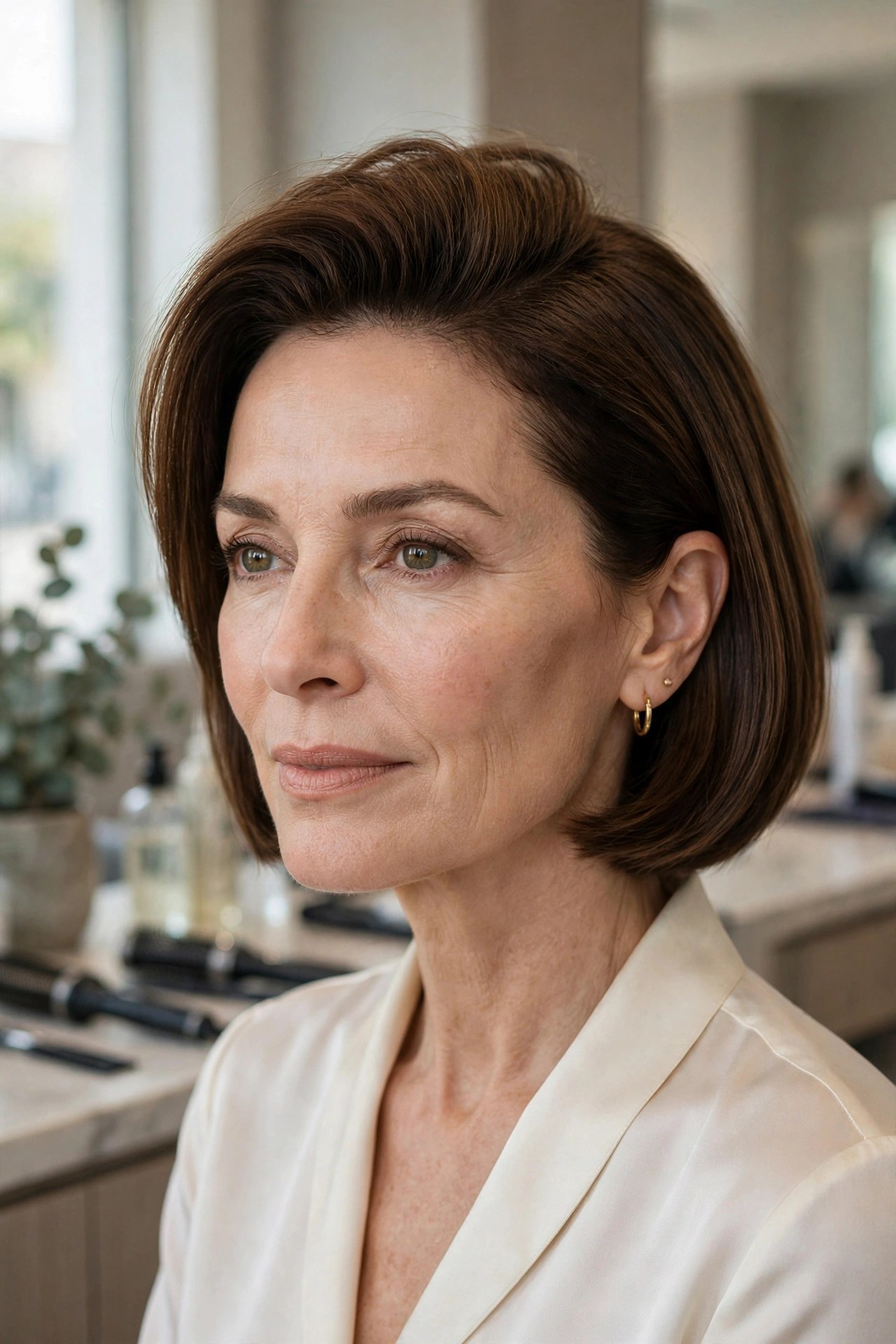 Chin bob with lifted crown and smooth sides on a woman in her 50s