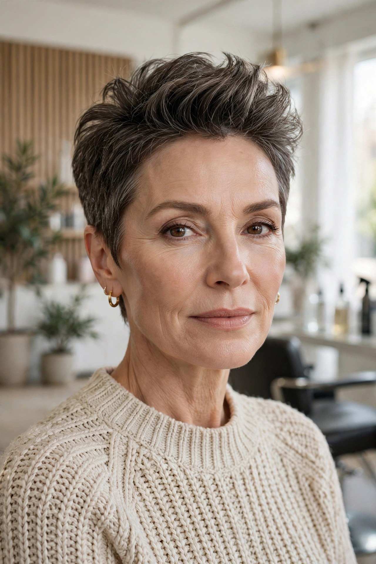 Pixie with crown flipped up and back on a woman in her 50s