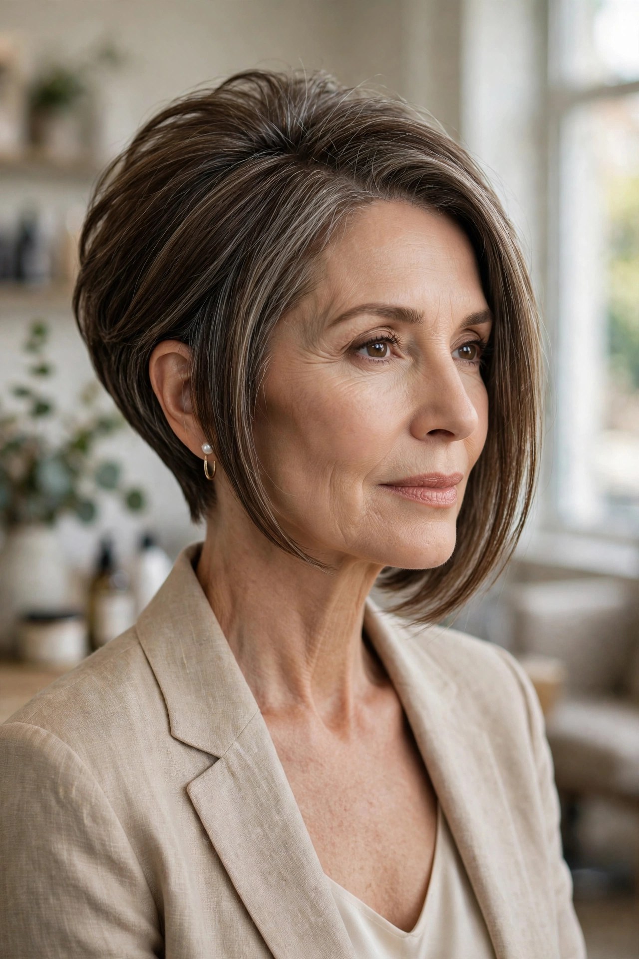 Reverse stacked bob with graduated back on a woman in her 50s