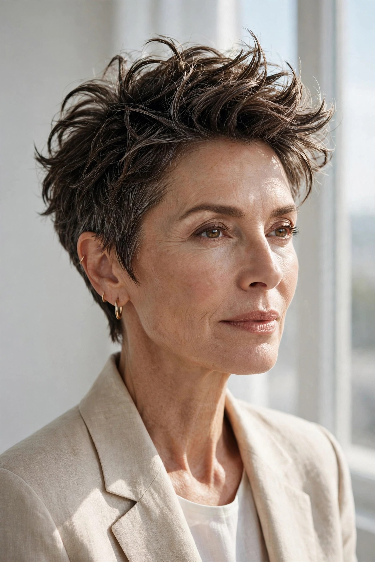 Textured crop with pinched separated ends on a woman in her 50s