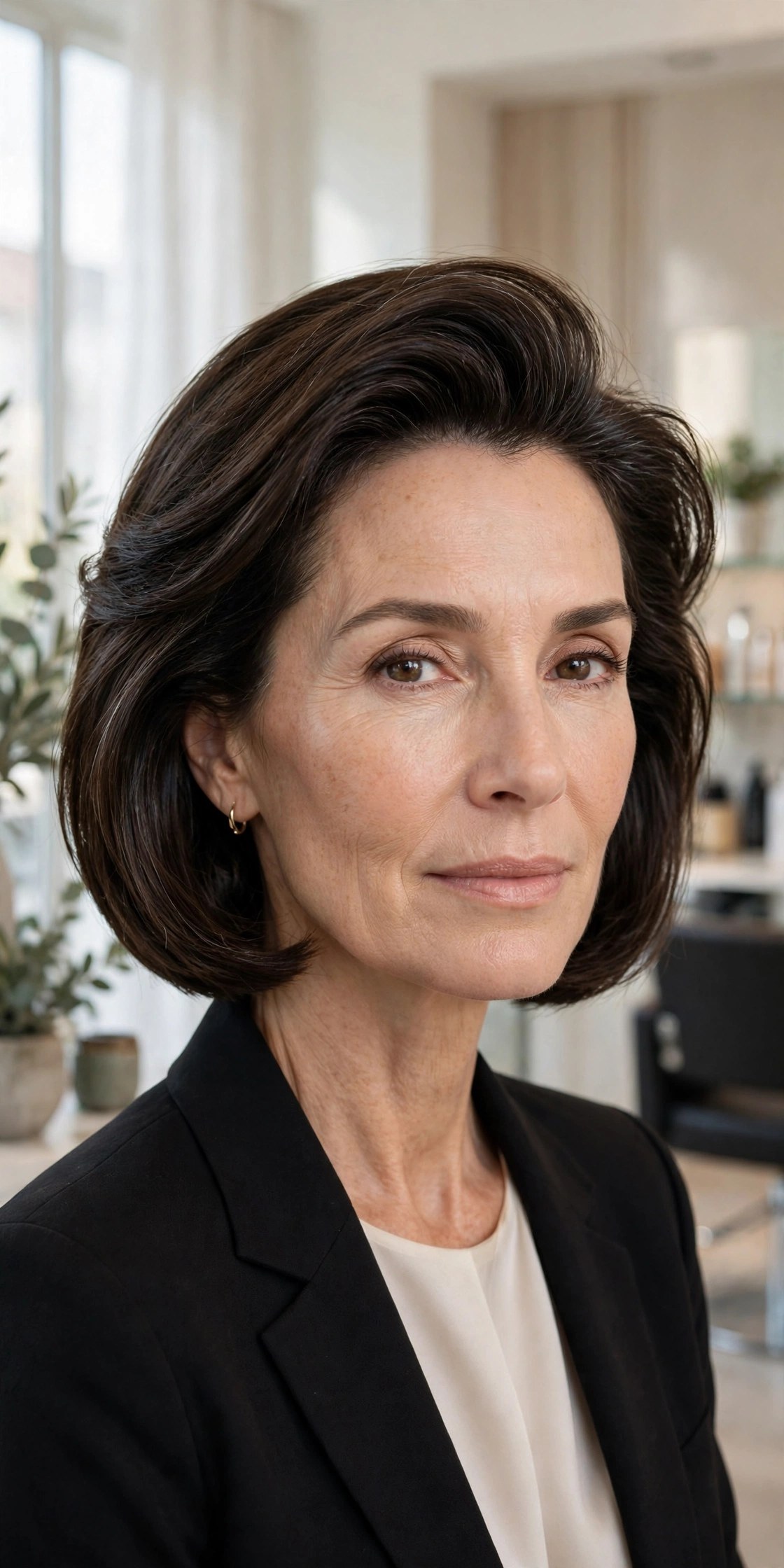Chin bob volumized and tucked at the temples on a woman in her 50s