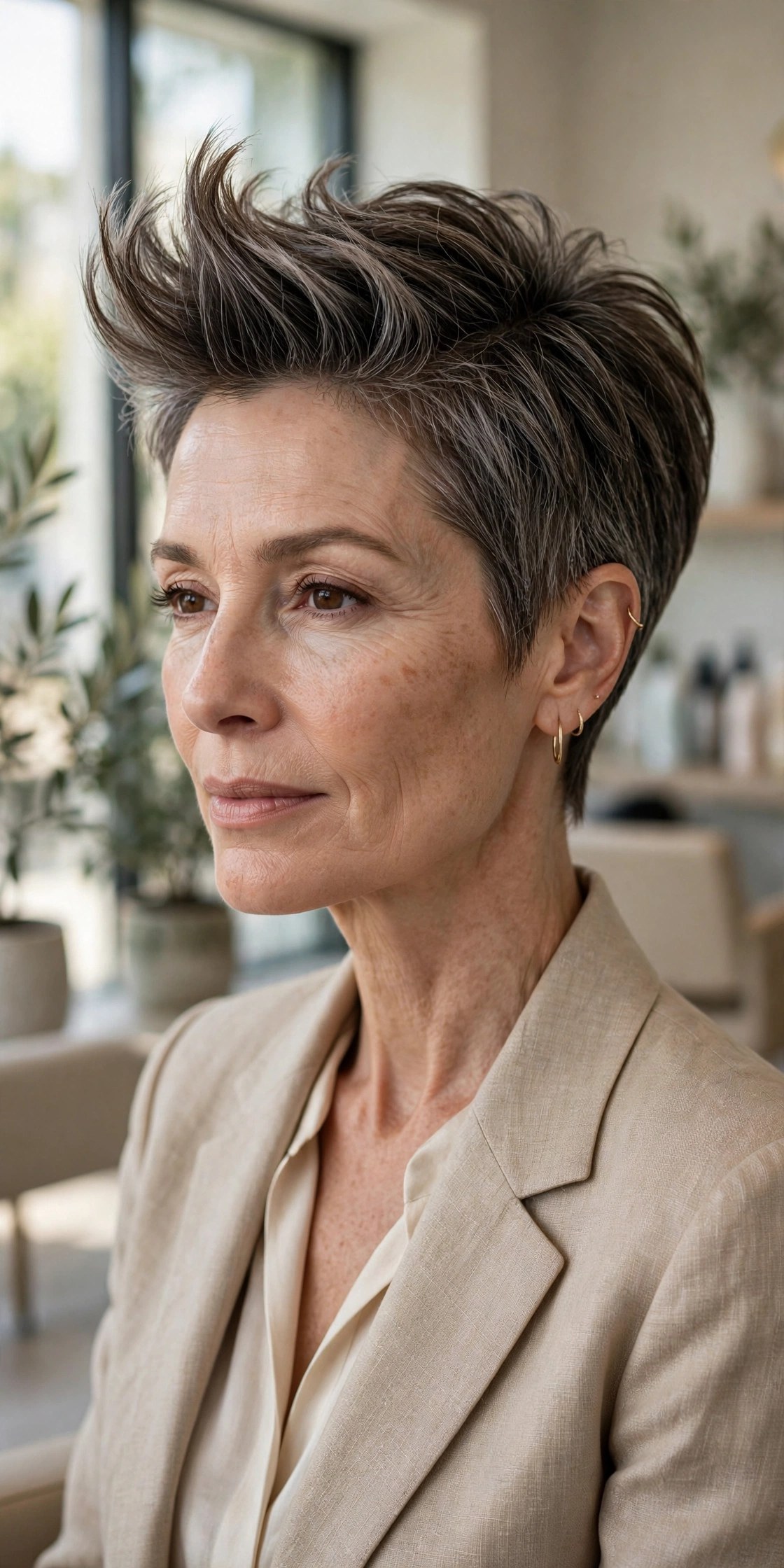 Tapered pixie with elevated fringe on a woman in her 50s