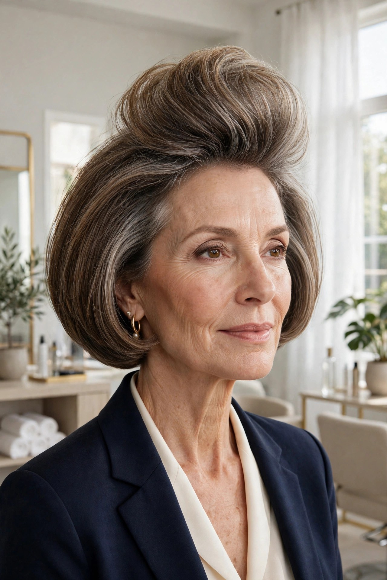 Rounded bob with sky high lifted crown on a woman in her 50s