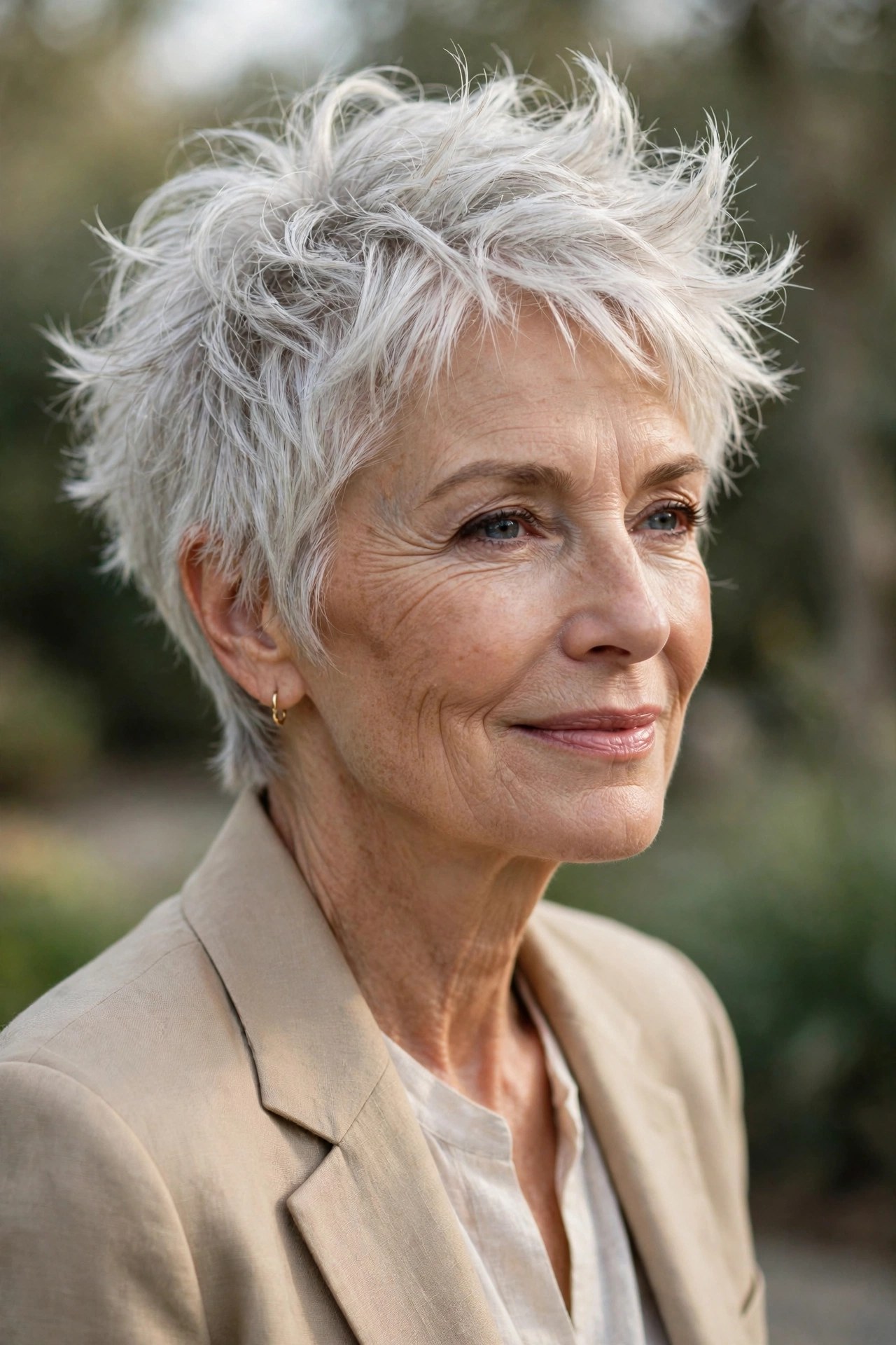 Airy messy pixie haircut with feathery tousled layers on a woman in her 60s