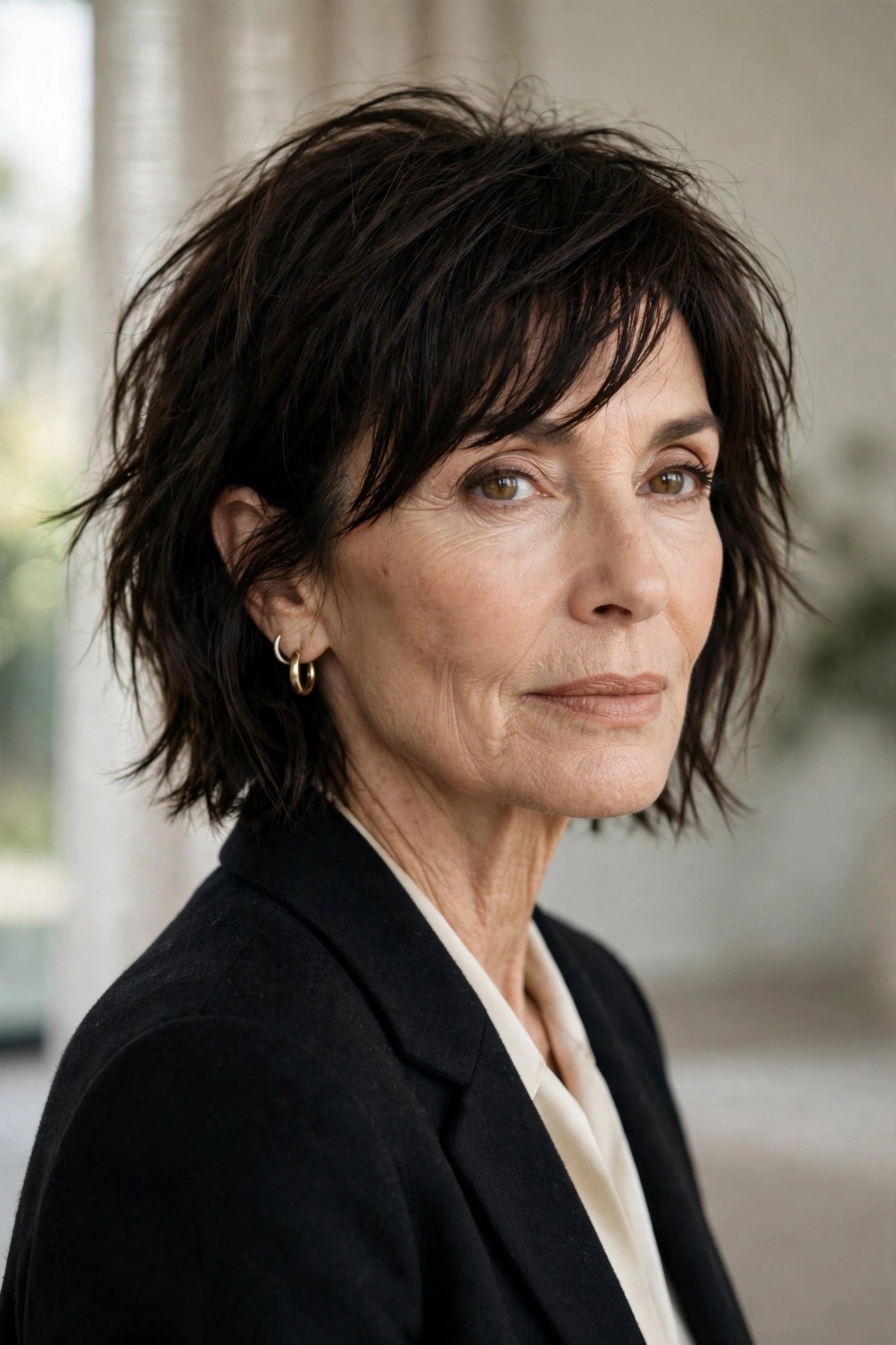 Choppy ear-length bob with side-swept fringe on a woman in her 60s