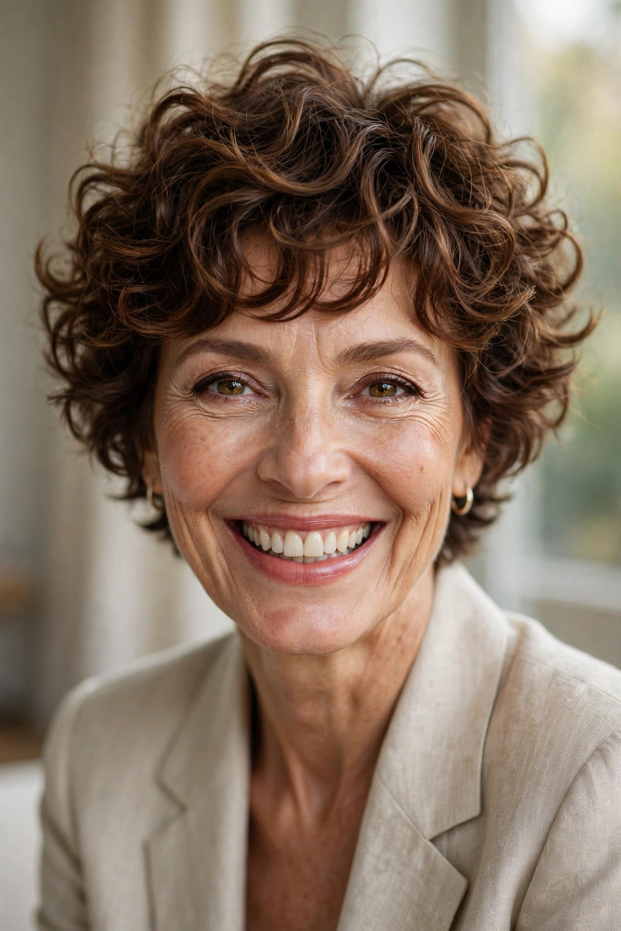 Cropped curly shag haircut with bouncy curls on a woman in her 60s