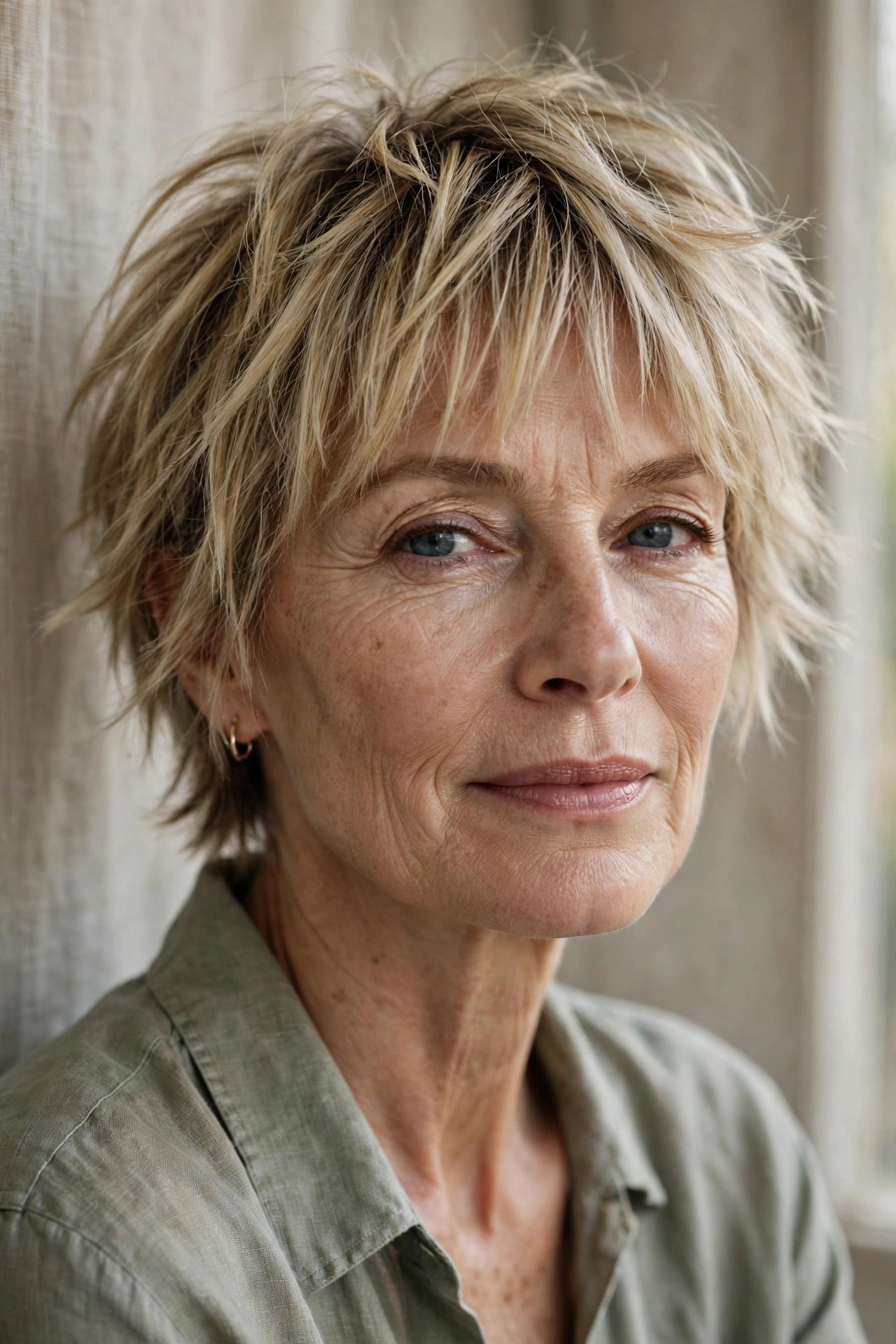 Messy short shag with wispy brow bangs on a woman in her 60s