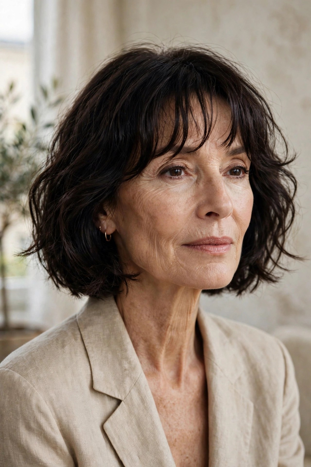 Undone French bob with loose bends on a woman in her 60s