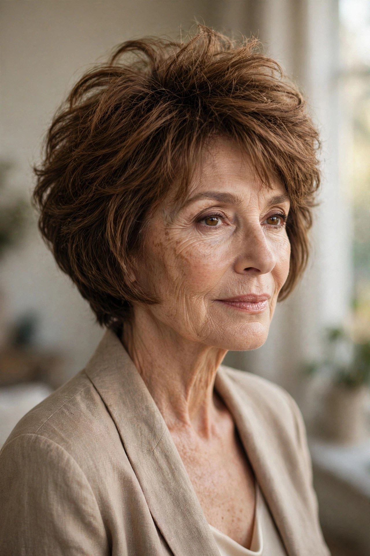 Messy stacked bob with choppy lifted crown on a woman in her 60s