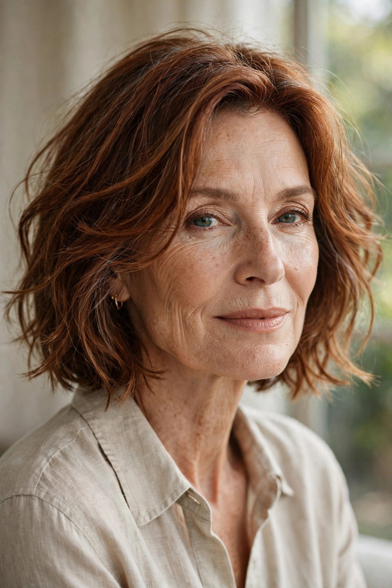 Undone bob with razored face-framing pieces on a woman in her 60s