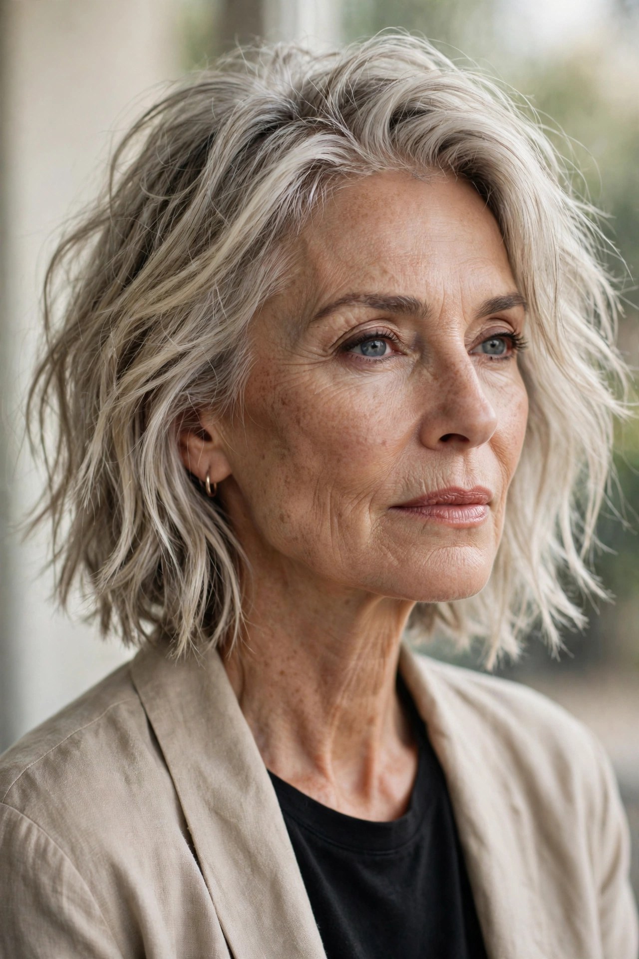 Neck-length messy bob with broken textured ends on a woman in her 60s