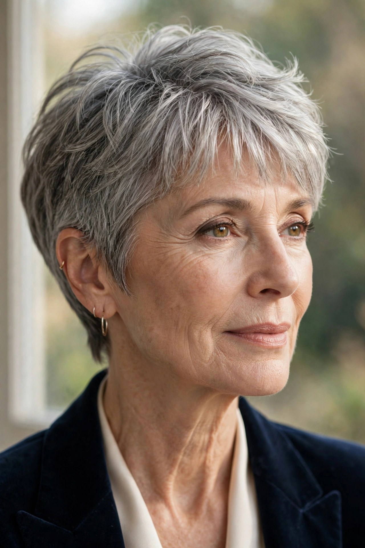 Piecey pixie bob with tucked sides on a woman in her 60s