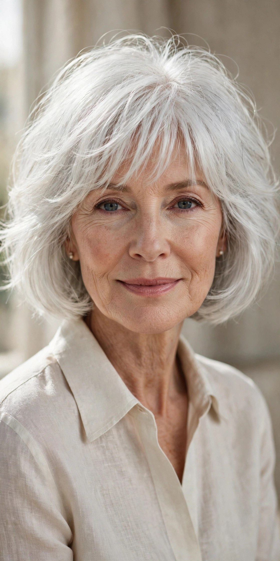 Rounded messy bob with airy surface layers on a woman in her 60s
