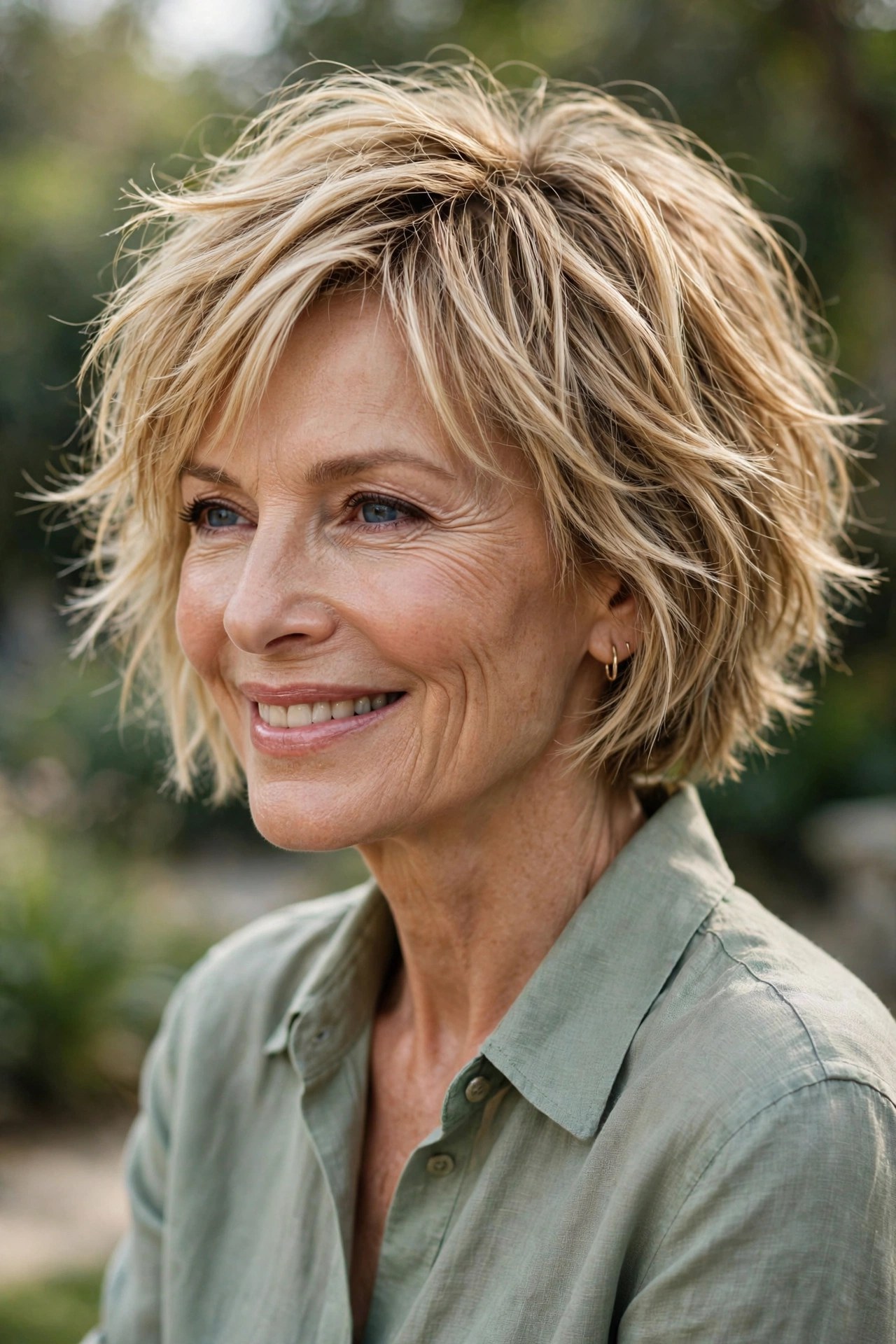 Short choppy bob with messy side part on a woman in her 60s