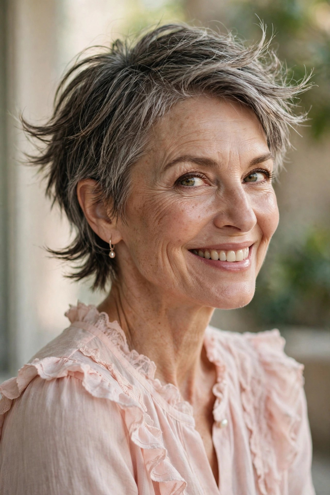 Short layered crop with flicked nape on a woman in her 60s