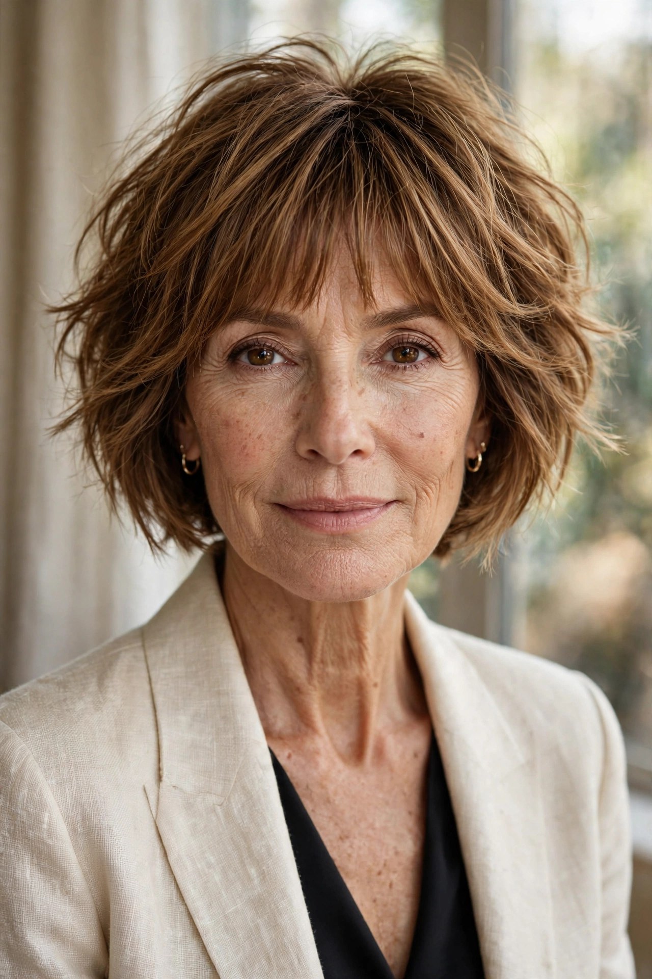 Short messy bob with bottleneck bangs on a woman in her 60s