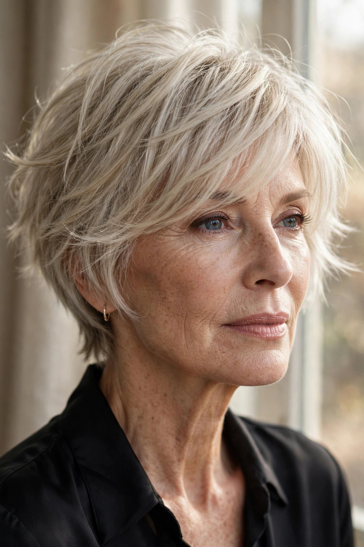 Short razor shag with sweeping side fringe on a woman in her 60s